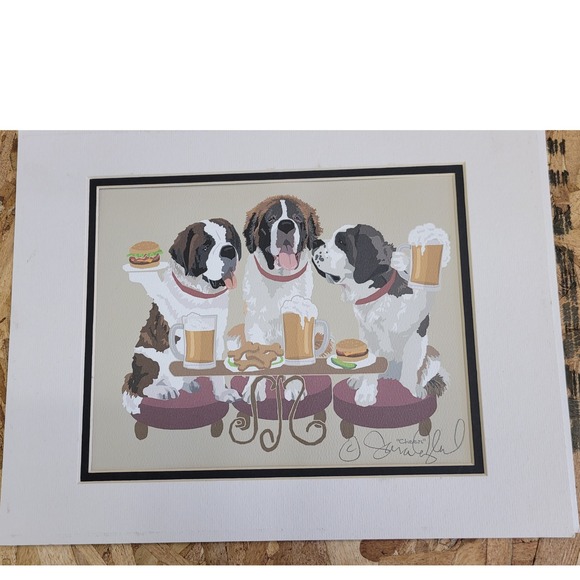 Sara W. Other - Sara England "Cheers" Saint Bernard Dogs Burgers Beer Matted Art Print 11x14